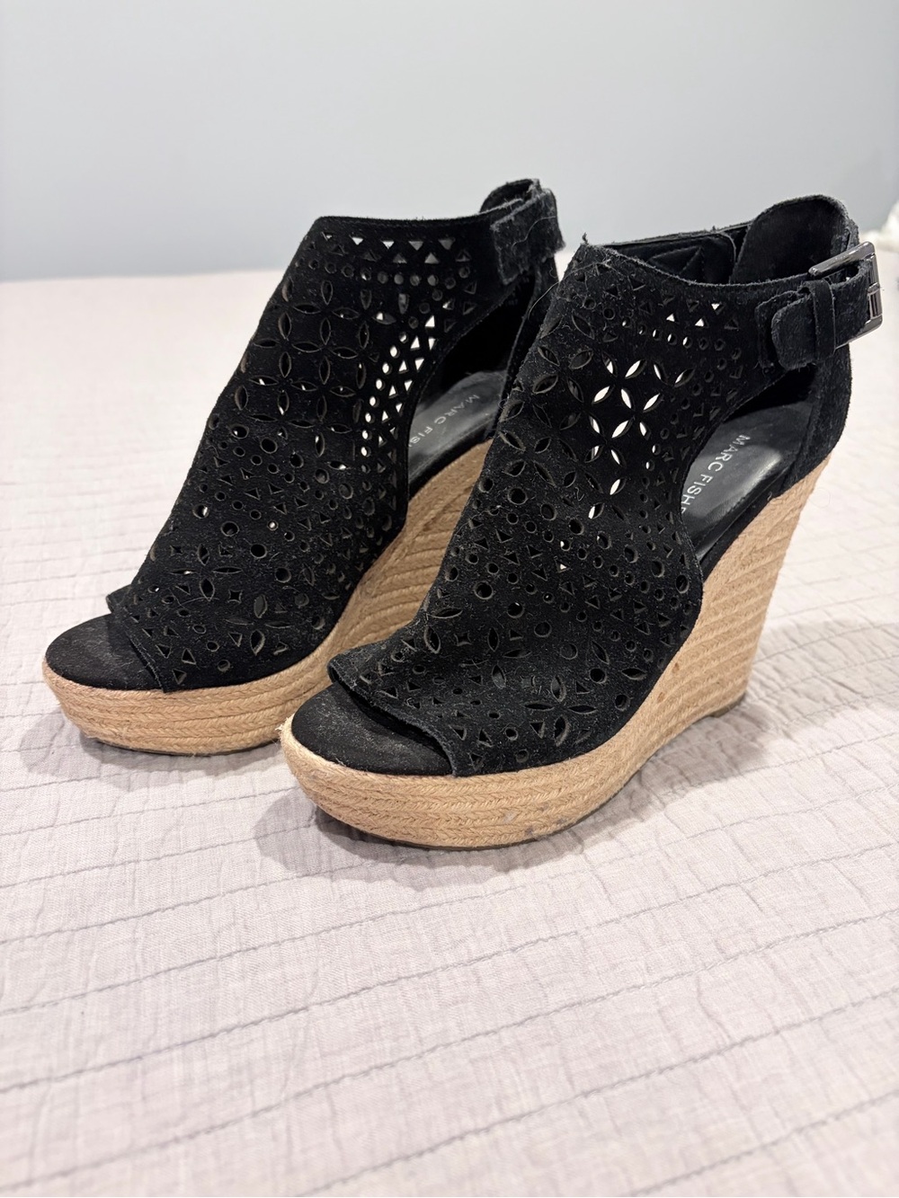 Marc Fisher Black Suede Laser-Cut Espadrille Wedge Sandals